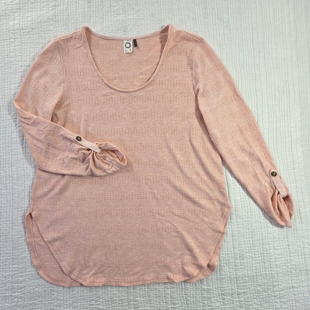 Anthropologie Akemi + Kin Peach Pointelle Knit Scoop Neck Roll Tab Sleeve Top